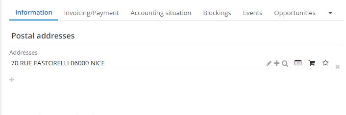 1.5. On the partner file, in the Information tab, select an address in the Addresses field. In addition, you can add a new address by clicking on the + icon.